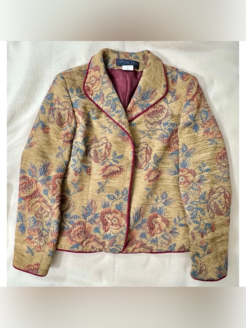 Vintage Harve Benard Floral Tapestry Blazer with Burgundy Trim US Women’s 16